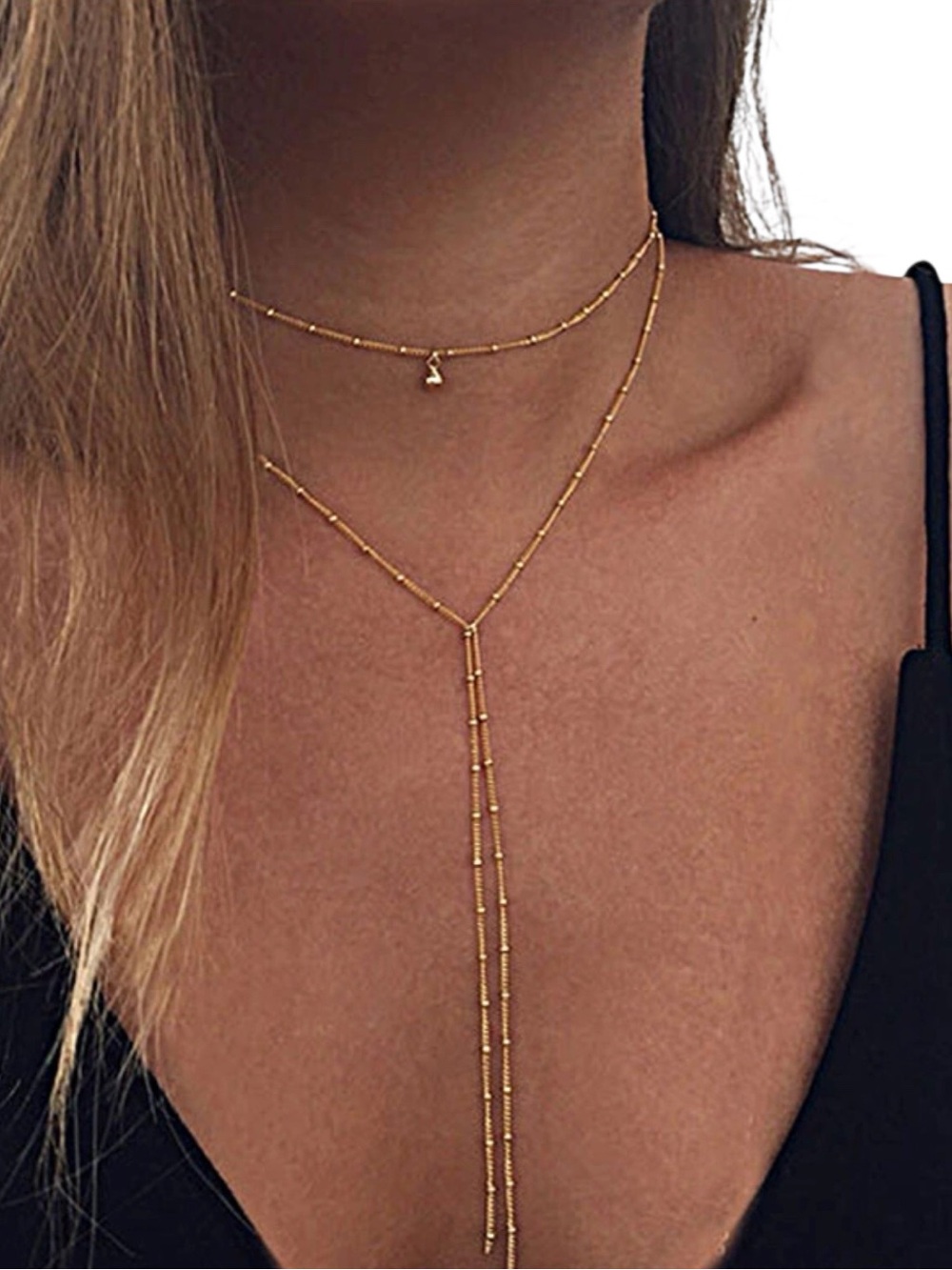 Layered Beaded Necklace Women Color Gold